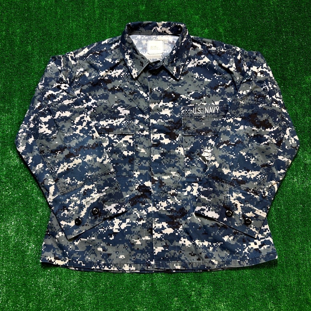 US Navy NWU Type 1 Camo Utility Blouse Jacket Seabee Logo Blue Large X-Short
